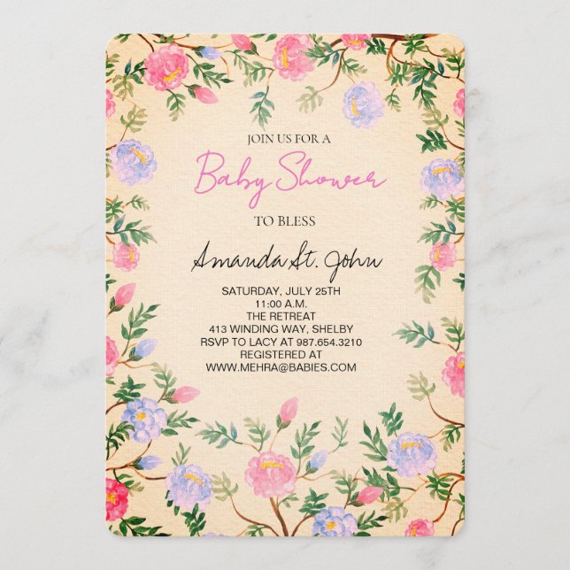 Convite Watercolor Floral Baby Shower Invitation (Frente)