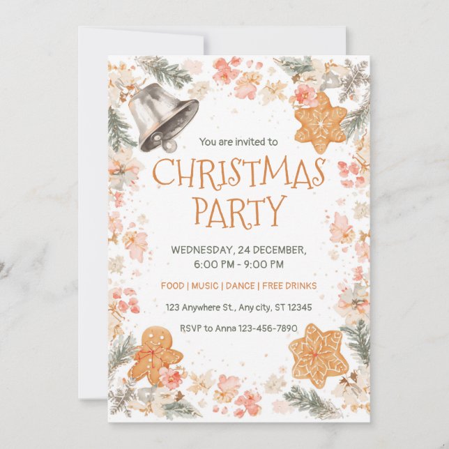 Convite Watercolor Floral Bell Christmas Party (Frente)