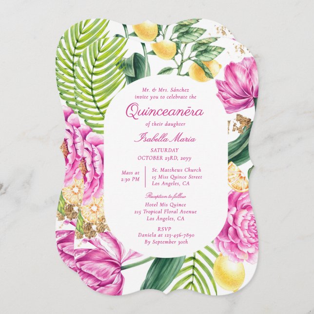 Convite Watercolor Floral Bilingue Espanhol Quinceañera (Frente/Verso)
