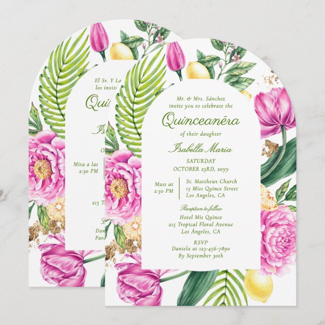 Convite Watercolor Floral Bilingue Espanhol Quinceañera (Frente/Verso)