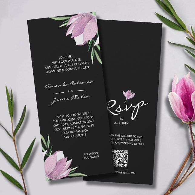 Convite Watercolor Floral Black Wedding All-In-One (Elegant purple magnolias QR code all-in-one wedding invitations - INSTANT DOWNLOAD and/or PRINTED)