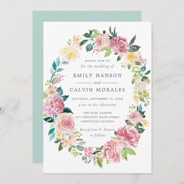 Convite Watercolor Floral Blush Greenery Wreath (Frente/Verso)