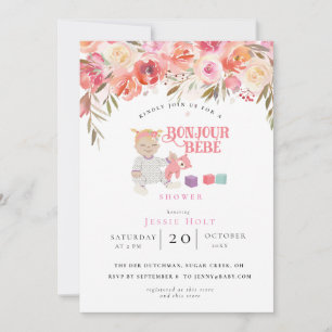 Convite Watercolor Floral Bonjour Girl Baby 2