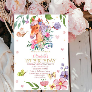 Convite Watercolor Floral Borboleta Pony Strike Aniversári