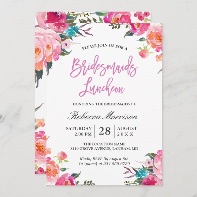 Convite Watercolor Floral Botânica Bridesmaids Luncheon (Frente/Verso)