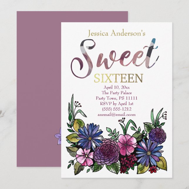 Convite Watercolor Floral Botânica Sweet Sessenta (Frente/Verso)