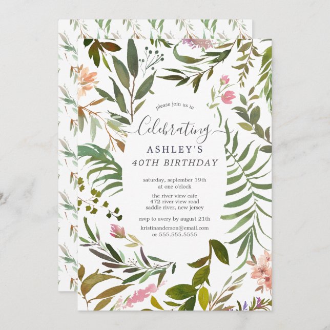 Convite Watercolor Floral Botanical Birthday (Frente/Verso)