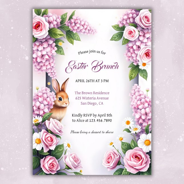Convite Watercolor Floral Bunny Páscoa Brunch (Elegant Floral Easter Brunch Invitation with Bunny)