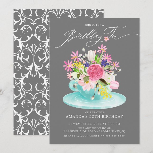 Convite Watercolor Floral Buquê Birthday Tea (Frente/Verso)