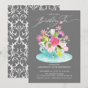 Convite Watercolor Floral Buquê Birthday Tea