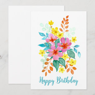 Convite Watercolor Floral Buquê "Happy Birthday"