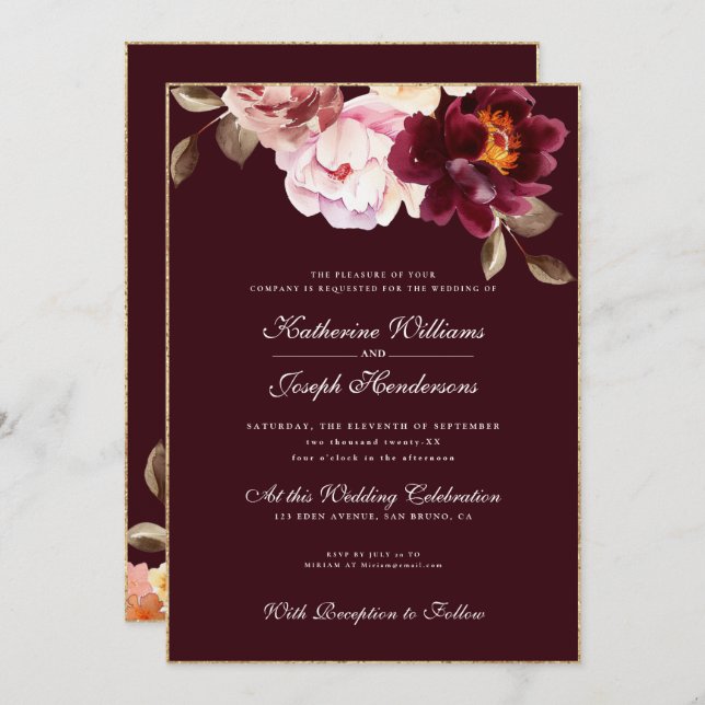 Convite Watercolor Floral Burgundy - Buquê Romance (Frente/Verso)