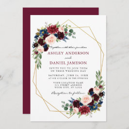 Convite Watercolor Floral Burgundy Casamento Geométrico Do