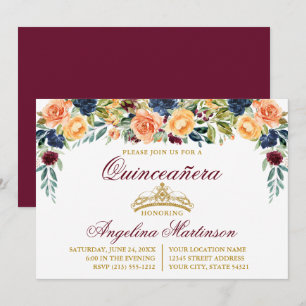 Convite Watercolor Floral Burgundy Dourada Quinceanera