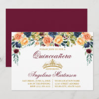 Watercolor Floral Burgundy Dourada Quinceanera