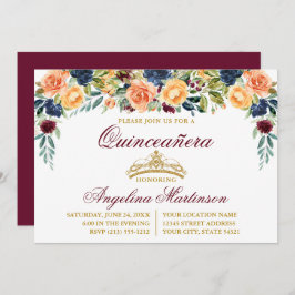 Convite Watercolor Floral Burgundy Dourada Quinceanera