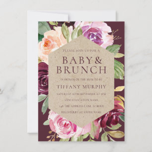 Convite Watercolor Floral Burgundy Red BrunChá de fraldas