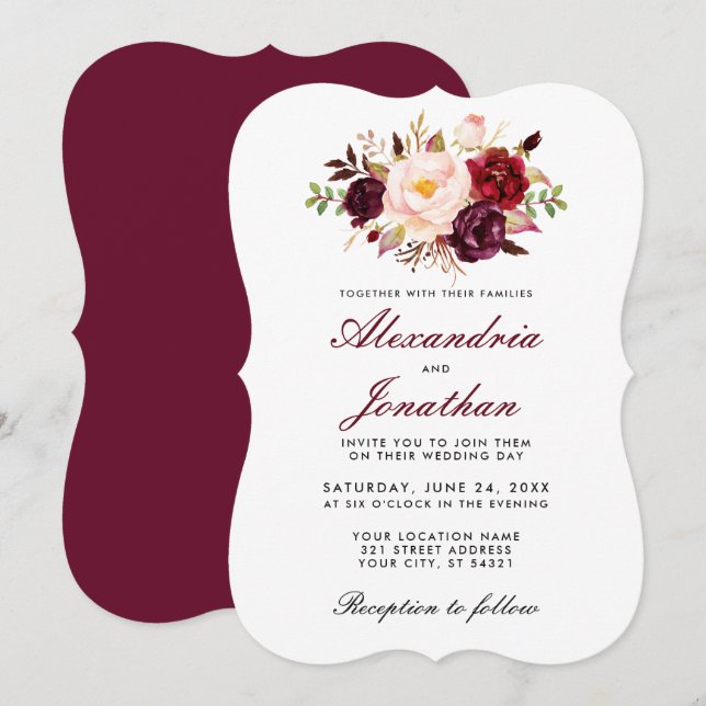 Convite Watercolor Floral Burgundy Wedding BR (Frente/Verso)