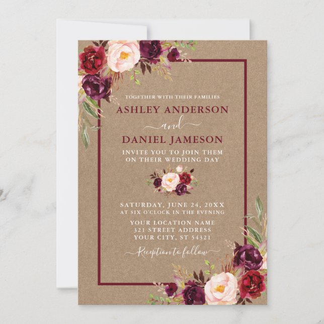 Convite Watercolor Floral Burgundy Wedding Kraft (Frente)