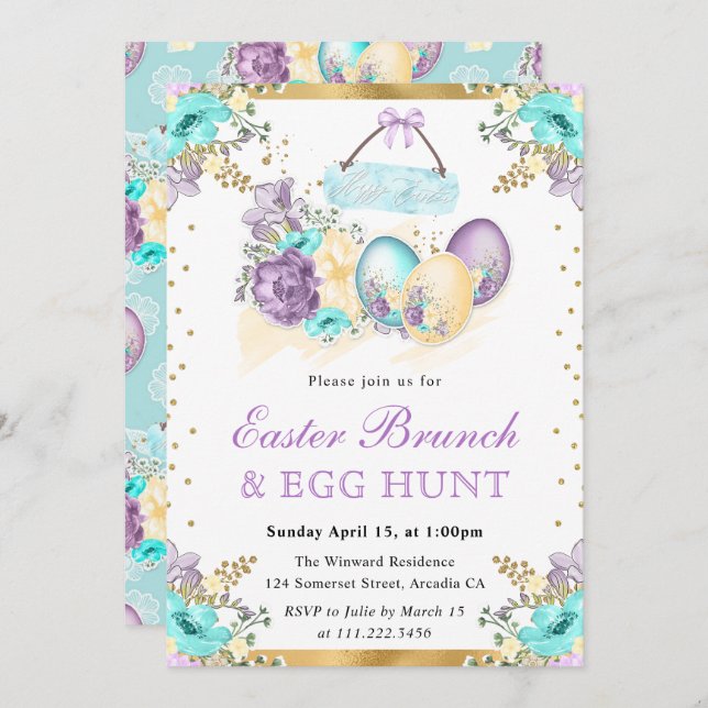 Convite Watercolor Floral Chocolate Páscoa Ovos Brunch (Frente/Verso)