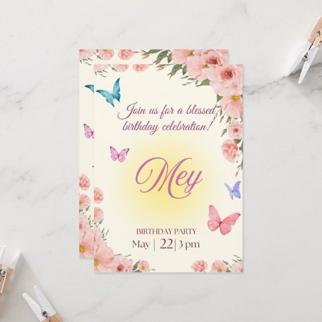 Convite Watercolor Floral Christian Birthday Invitation  (Frente/Verso In Situ)