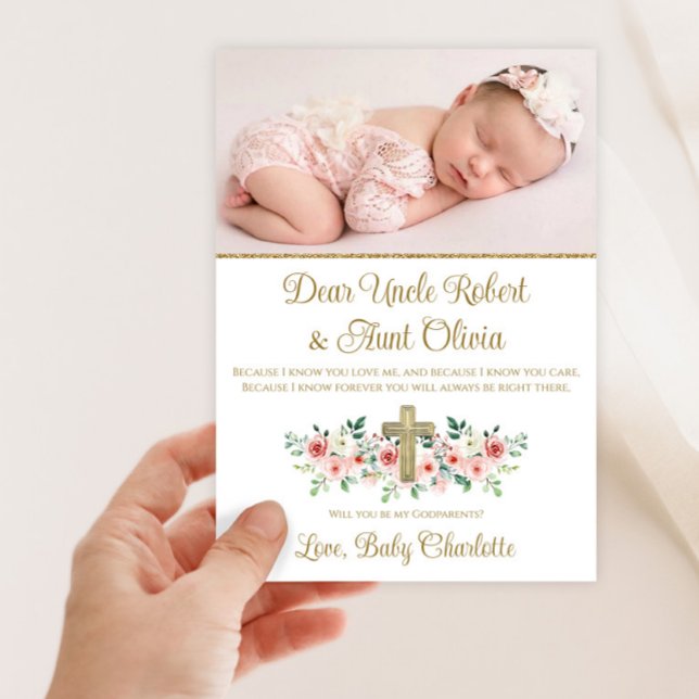 Convite Watercolor Floral Cross Baby Girl Godparent (Sweet pink and gold photo baby girl Godparent invitation. Simply add your photo and details.)