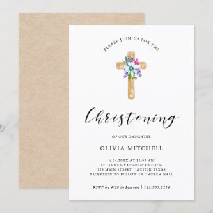 Convite Watercolor Floral Cross Kraft Look   Christening