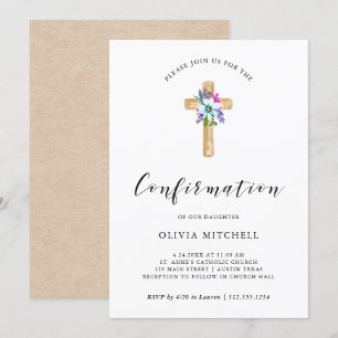 Convite Watercolor Floral Cross Kraft Look   Confirmação