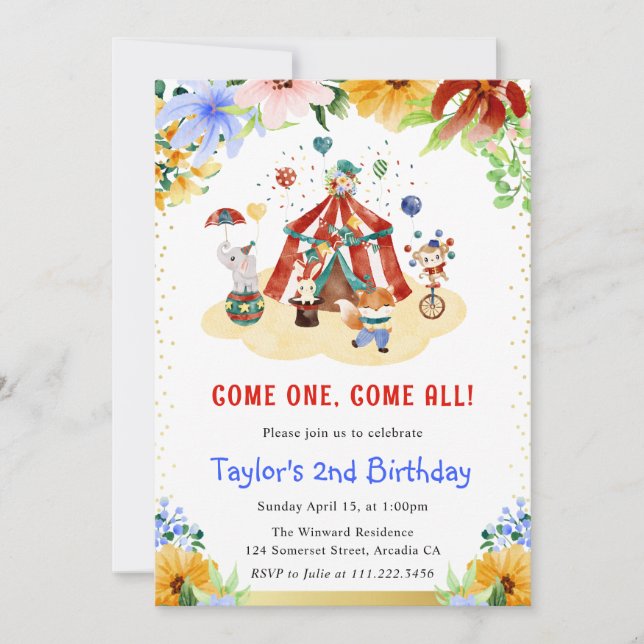 Convite Watercolor Floral Cute Circus Animal Birthday (Frente)