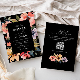 Convite Watercolor Floral Doublesided Wedding Website QR