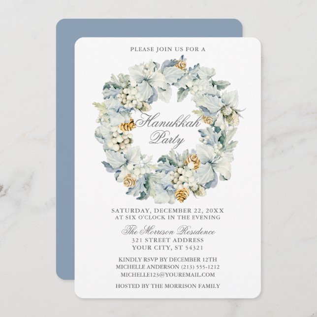 Convite Watercolor Floral Dusty Blue Hanukkah (Frente/Verso)
