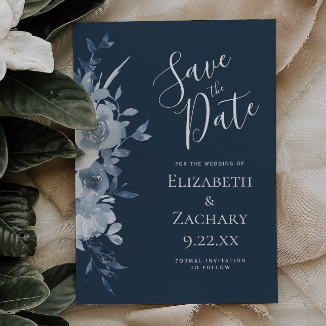 Convite Watercolor Floral Dusty Blue Navy Save the Date (Criador carregado)
