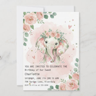 Convite Watercolor Floral Elephant Girl Birthday