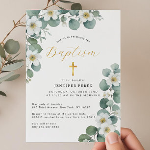 Convite Watercolor Floral Eucalyptus Greenery Baptism