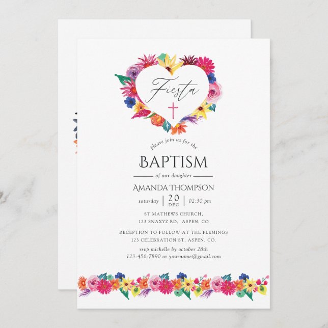 Convite Watercolor Floral Fiesta Baptism (Frente/Verso)