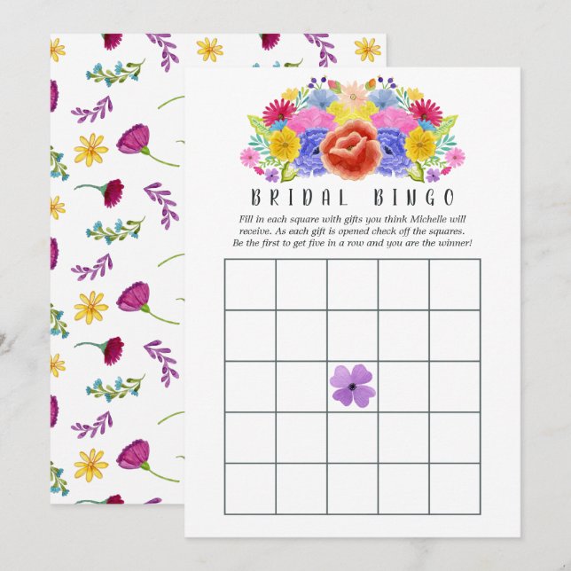 Convite Watercolor Floral Fiesta Bridal Bingo (Frente/Verso)