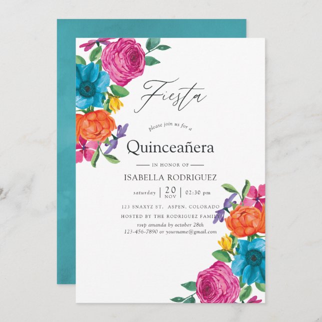Convite Watercolor Floral Fiesta Quinceañera (Frente/Verso)