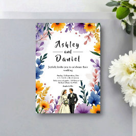 Convite Watercolor Floral Garden Couple Summer Wedding