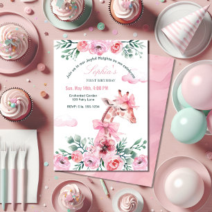 Convite Watercolor Floral Girafa Ribbon Girl Aniversário
