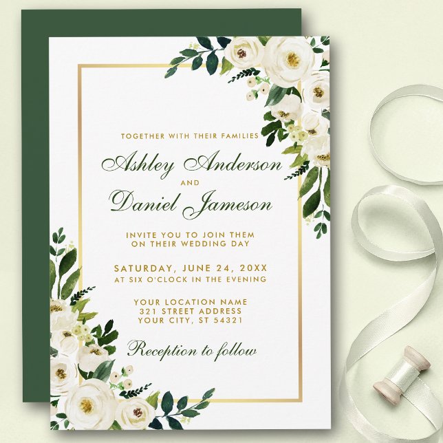 Convite Watercolor Floral Green e Dourado Casamento (Customize to change text color, style, add text & photos to back or change color of back of card.)