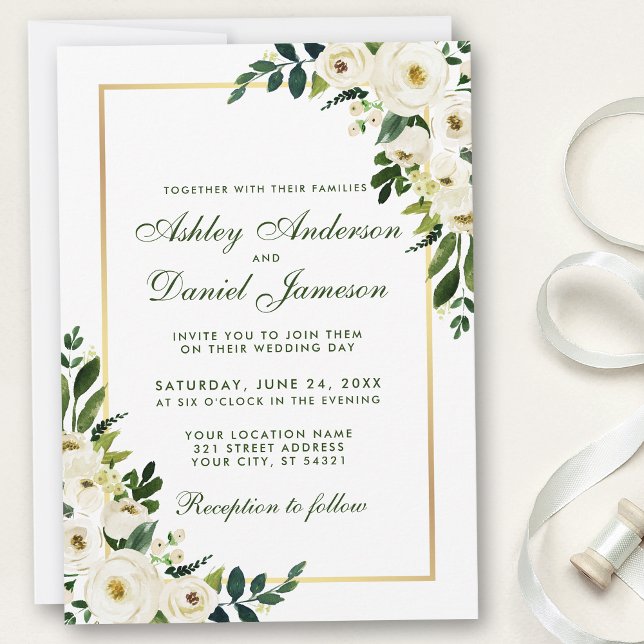 Convite Watercolor Floral Green White Dourado Casamento GS (Customize to change text color, size or text style.)