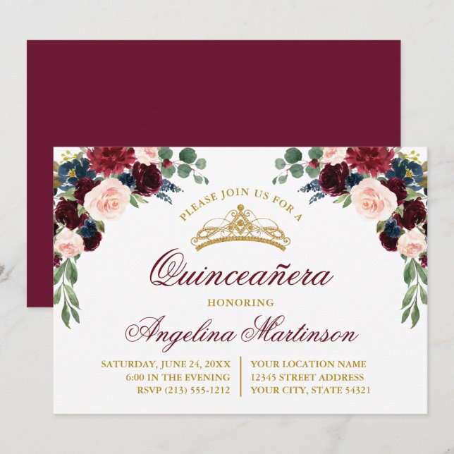 Convite Watercolor Floral Greenery Quinceanera Party (Frente/Verso)