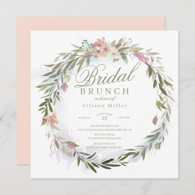Convite Watercolor Floral Greenery Wreath Bridal Brunch (Frente/Verso)
