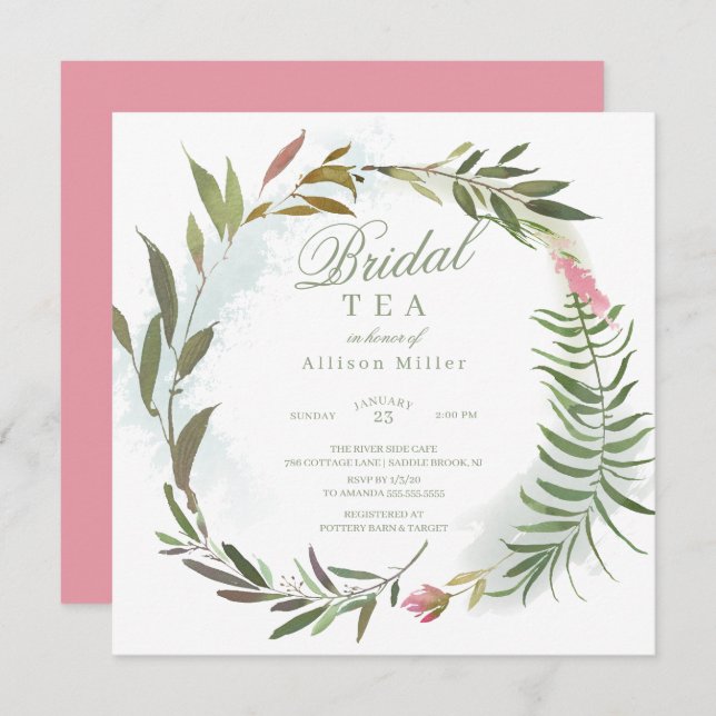 Convite Watercolor Floral Greenery Wreath Bridal Tea (Frente/Verso)