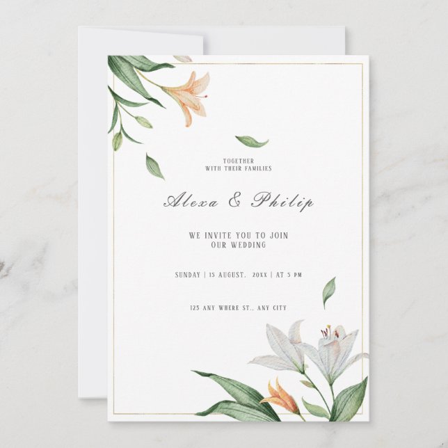 Convite Watercolor Floral Lily Wedding (Frente)