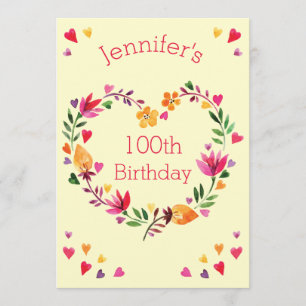 Convite Watercolor Floral Love Heart Wreath 100th Birthday