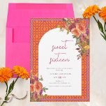 Convite Watercolor Floral Magenta Fuchsia Sweet Dezesseis<br><div class="desc">Este divertido e vibrante convite 16 tem sotaques laranja,  rosa e roxo. O fundo é um padrão geométrico de laranja e magenta,  com flores a aquarela sobrepostas,  incluindo rosas e flores silvestres.</div>
