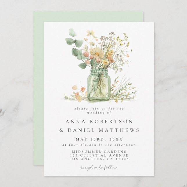 Convite Watercolor Floral Mason Jar Wedding (Frente/Verso)