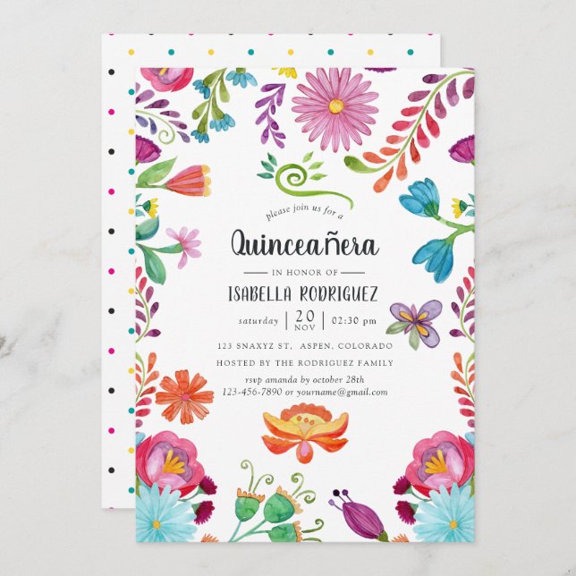 Convite Watercolor Floral Mexicano Fiesta Quinceañara (Frente/Verso)