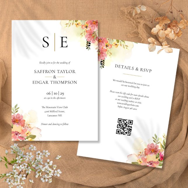 Convite Watercolor Floral Monograma Código QR Casamento (Watercolor Floral Monogram QR Code Wedding Invitation)